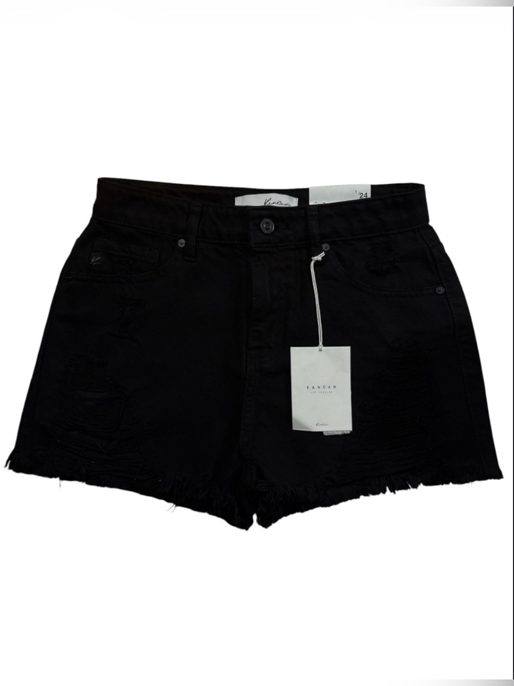 KanCan Black Distressed Frayed-Hem Denim Shorts